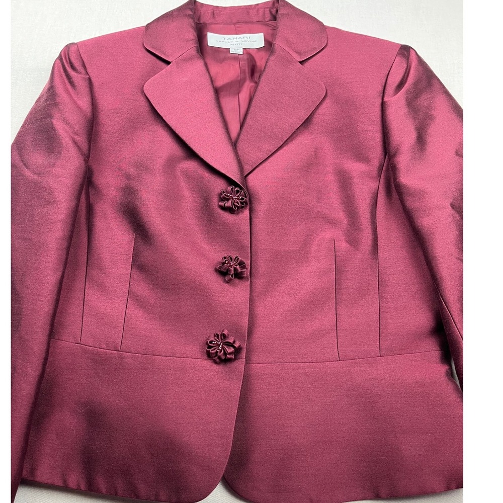 Tahari Arthur S Levine Silk Wool Blazer‎ Burgundy Floral Button Jacket 10P